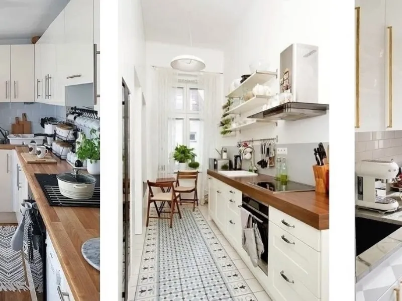 Fiori, piante, pavimenti a contrasto per cucine piccole deliziose