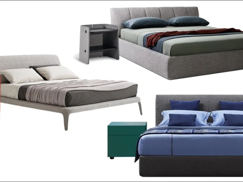 Letto Kelly di Poliform e comodino B1 H64 PERFORATED rosso di Tolix, Letto Warp di Lema e Comodino Parentesi di Bonaldo, Letto Mypace di Flou e comodino verde Swift di Cappellini