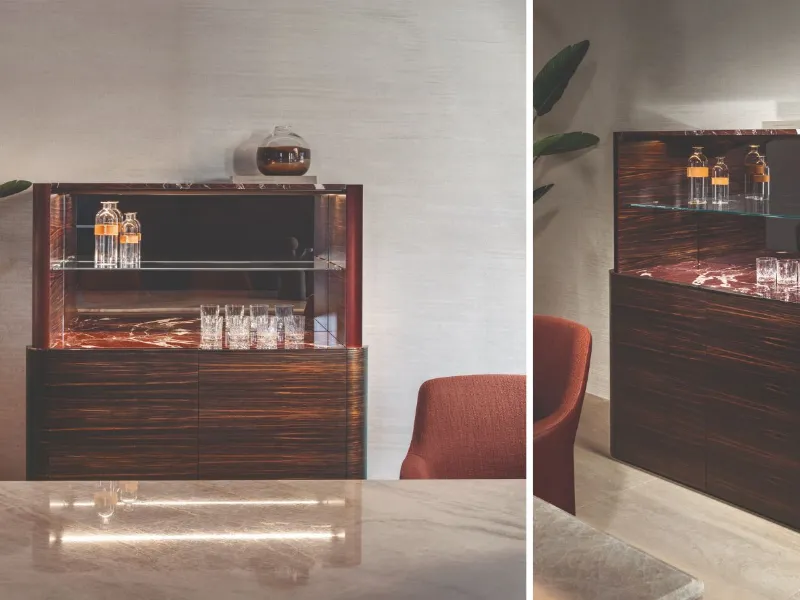 Sean di Longhi: mobile bar in legno con ripiani in marmo e in vetro