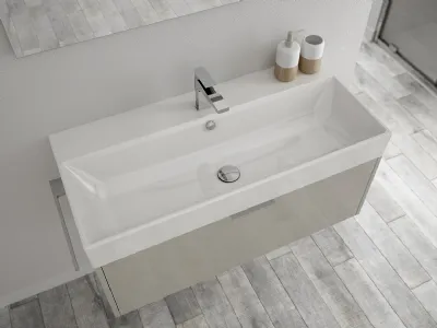 Dettaglio della base contenitiva sottolavabo in Lacklaminat (profondità 45 cm) con lavabo in ceramica, collezione Basic di Ideagroup
