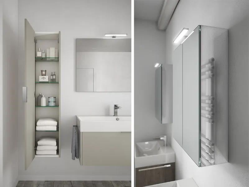 Basic di Ideagroup propone colonne sospese (P 25 cm) e specchi contenitivi con illuminazione integrata per fare ordine in un bagno piccolo