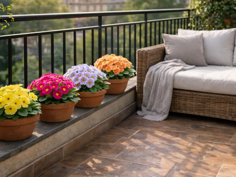 Vasi con primule per il balcone fiorito a marzo