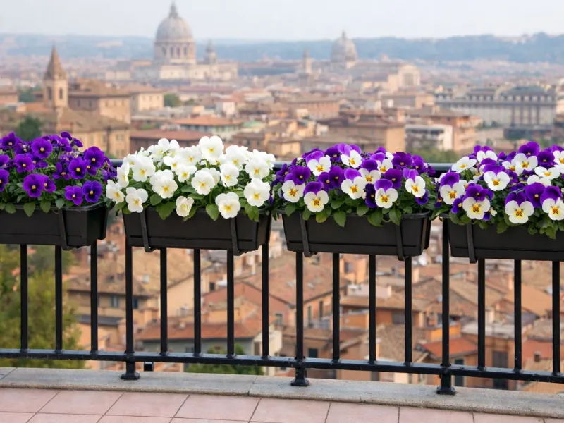 Balcone in fiore con viole del pensiero