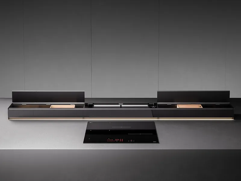 Monolith di Falmec, cappa aspirante con sistema di contenitori per la cucina integrato