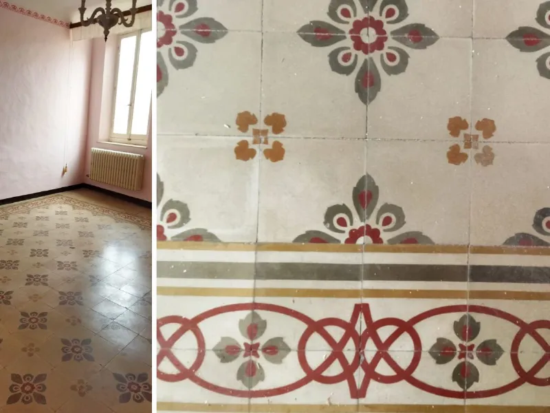 Pavimento con cementine originali anni 30 in casa d'epoca nelle Marche
