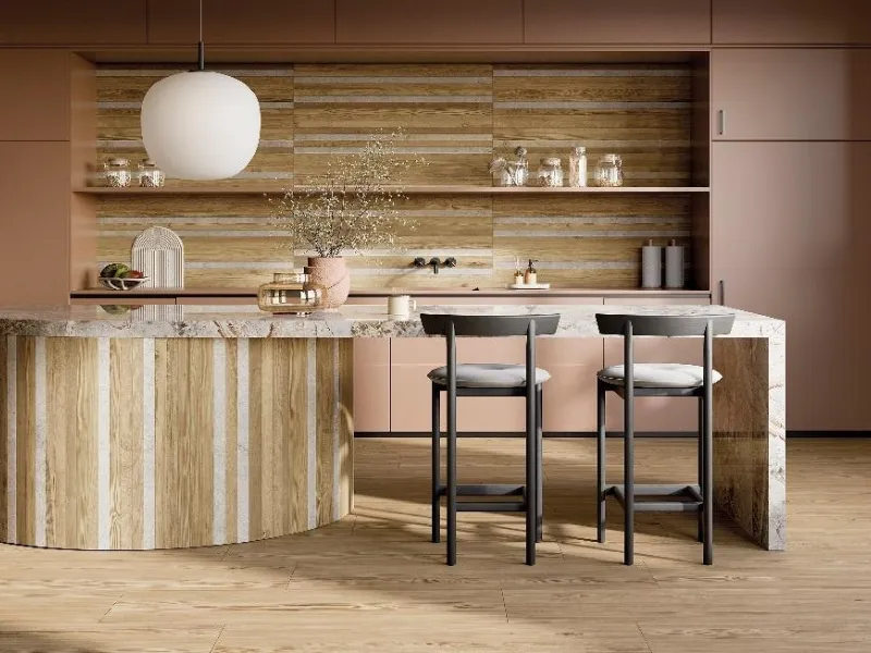 Un insieme elegante con pavimento effetto legno Honey Wood by La Fabbrica Ava in equilibrio con i mobili moderni