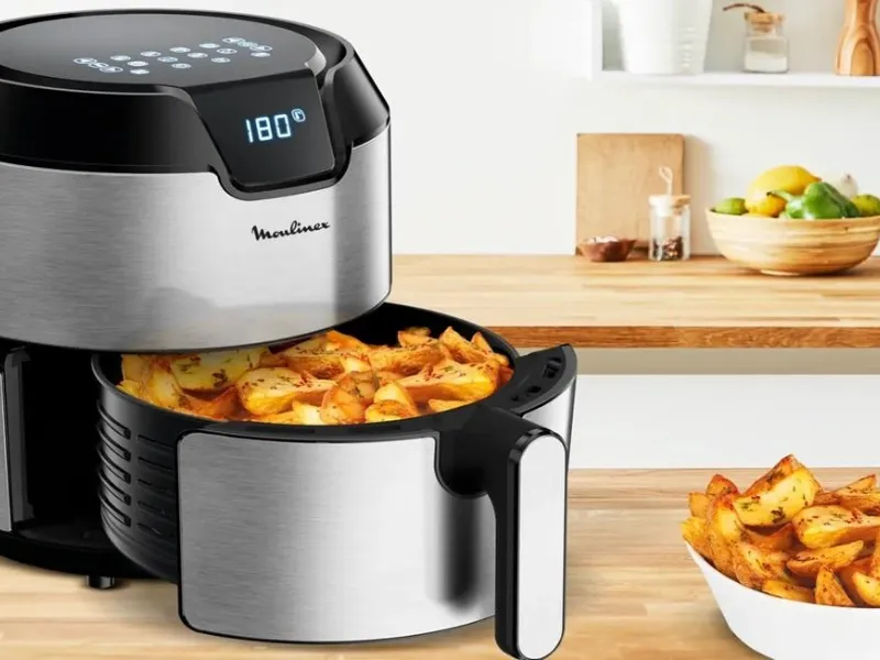 Non mancano le funzioni gratinatura e riscaldamento alla friggitrice ad aria Easy Fry Deluxe 4,2 L Moulinex