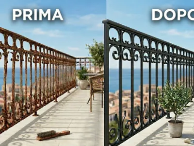 Ringhiera in ferro arrugginita, prima  e dopo il restauro