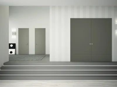 Linea Legno stile con bassorilievo modello 566 porta battente laccato opaco agata e porta battente 2 ante laccato opaco muschio - collezione Inversa
