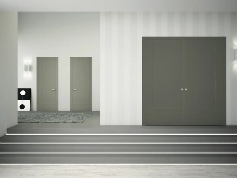 Linea Legno stile con bassorilievo modello 566 porta battente laccato opaco agata e porta battente 2 ante laccato opaco muschio - collezione Inversa