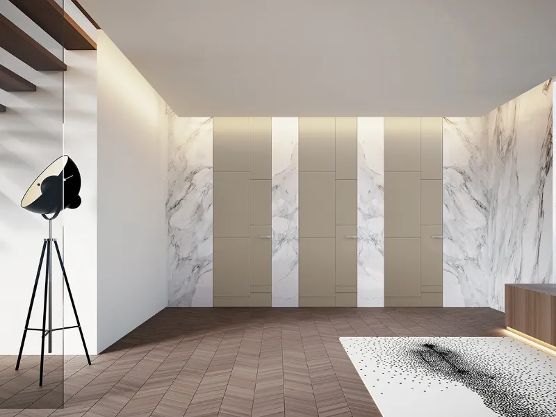 Linea Legno stile con bassorilievo e incisione modello 601 in laccato opaco beige, alta sino al soffitto – collezione Leggera