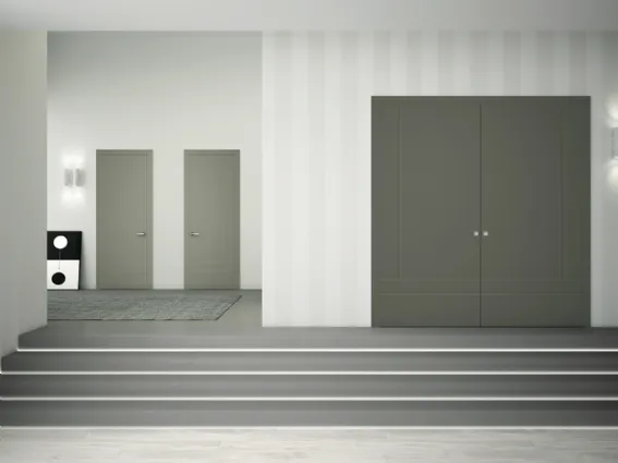 Linea Legno stile con bassorilievo modello 566 porta battente laccato opaco agata e porta battente 2 ante laccato opaco muschio - collezione Inversa