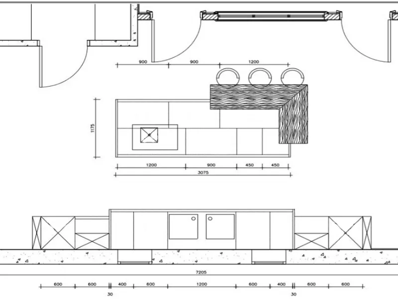 Esempio di disegno tecnico con misure dei moduli cucina