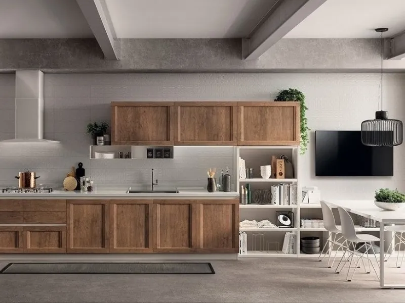 Composizione lineare Evolution by Scavolini, struttura in bianco e ante in decorativo rovere