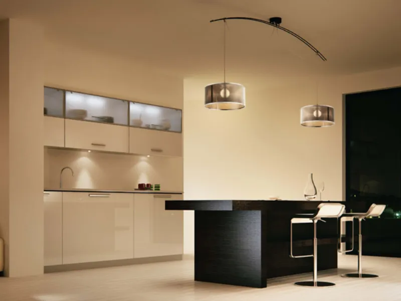 cucina con isola in legno nero centrale e lampadario con asta ricurva in carbonio nero e due paralumi pendenti agli estremi