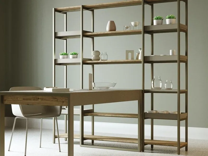 Tavolo scrittoio integrato nella libreria free-standing in alluminio Tribeca by Veneta Cucina