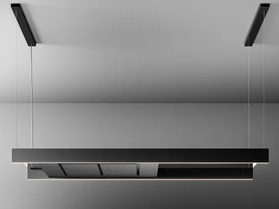 Light di Falmec, cappa aspirante a soffitto in vetro fumé e alluminio satinato nero