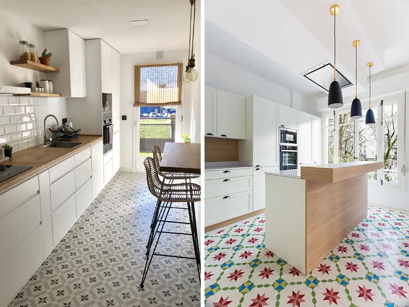 Le fantasie e i colori delle cementine ravvivano una cucina completamente bianca