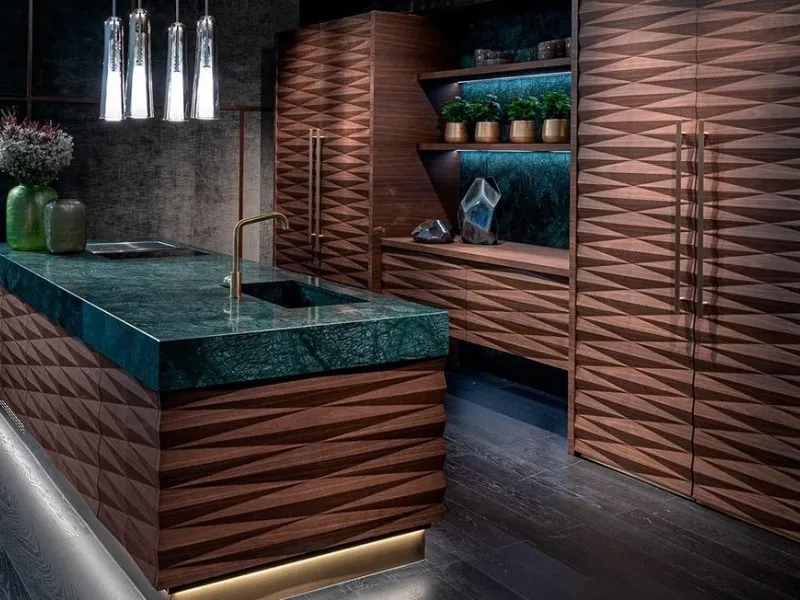 Effetto tridimensionale di Diamante Oak Bamax tra il rovere fiammato e i piani in marmo verde Guatemala