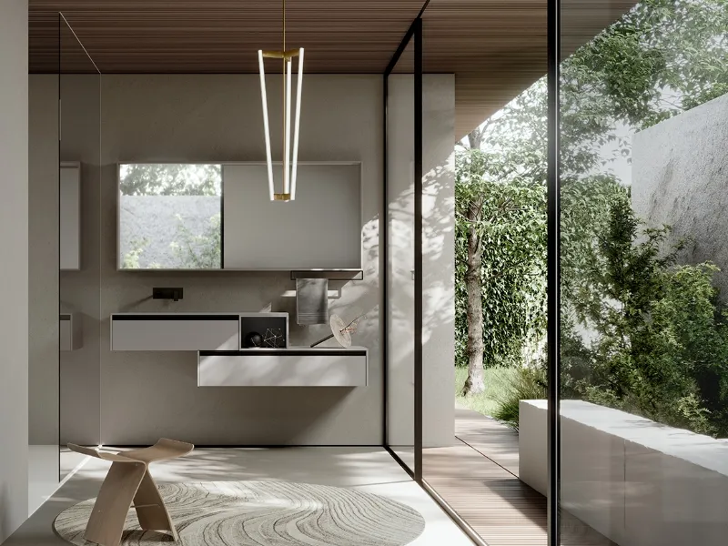 La composizione di Sense by Aqua con l'eleganza tecnica della maniglia in alluminio