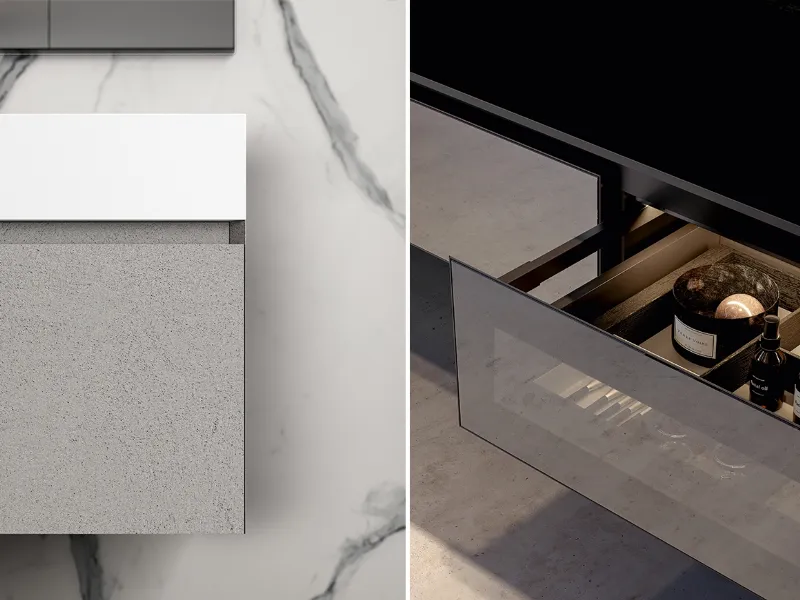 Ecomalta e vetro in primo piano per un progetto d'arredo sofisticato e di tendenza con i mobili bagno della collezione Cubik