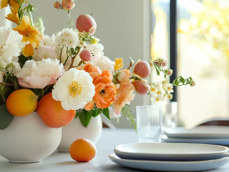 Centrotavola con fiori e frutta