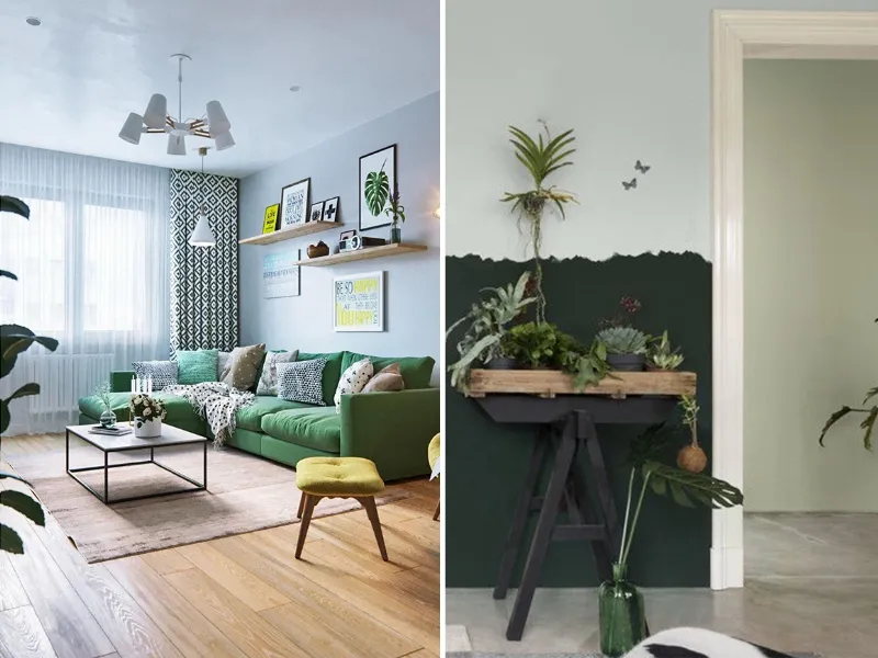 Verde, grigio e azzurro per una casa a contatto con la natura