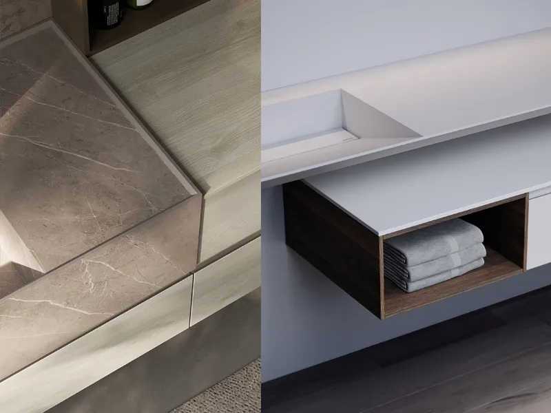 Combinazioni di materiali tra natura e tecnologia per un bagno all'insegna del design e del comfort
