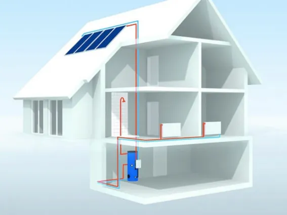 schema grafico 3D di casa a due piani con funzionamento pannelli solari