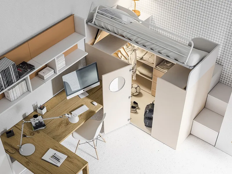 Il letto sopra la cabina armadio modello Container 168 di Dielle