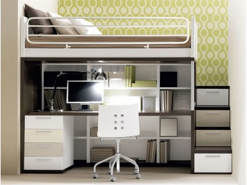 letto soppalco con zona studio sottostante