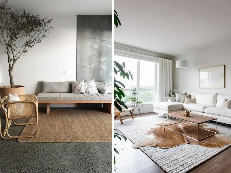 Divani bassi, toni chiari, luce naturale, un divano lineare ed una poltrona contornati da un tappeto delineano lo stile Japandi di questi living