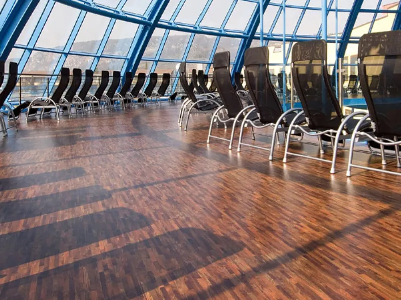 vista angolare di ampio spazio coperto da cupola vetrata con pavimento in legno multicolore e serie di sdraio nere