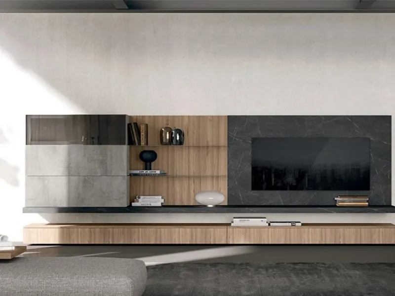 Sistema Vitalyty di Colombini Casa con finitura noce gold e grigio cemento