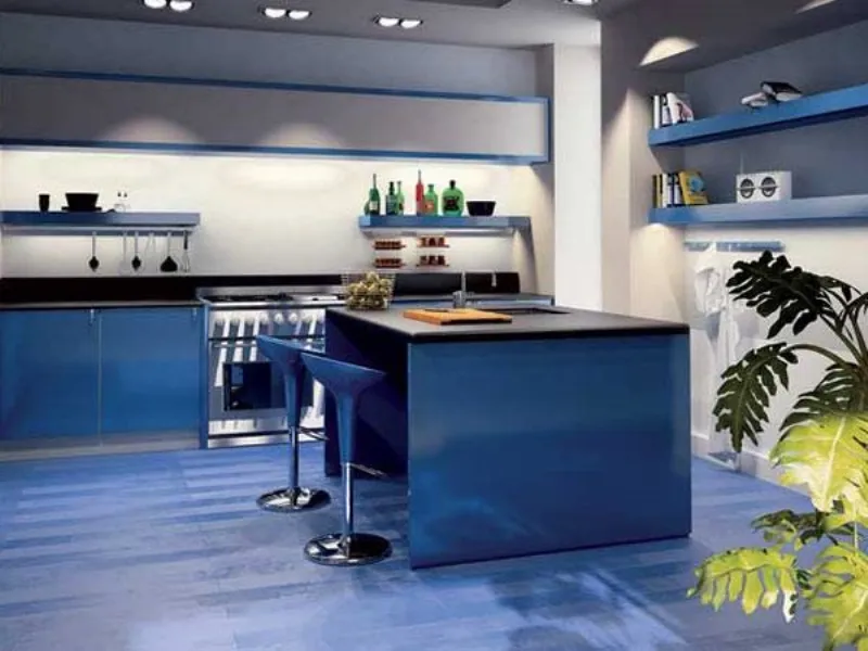 Parquet azzurro in cucina azzurra