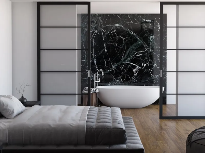 FLAT F5 TOTAL BLACK, porta scorrevole By FOA in legno e vetro