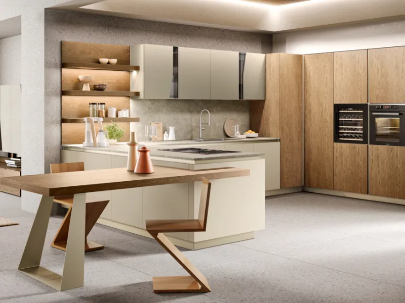 Venere 5, Cucina con penisola, tavolo integrato e colonna ad angolo lavanderia di Moretti Compact Cucine