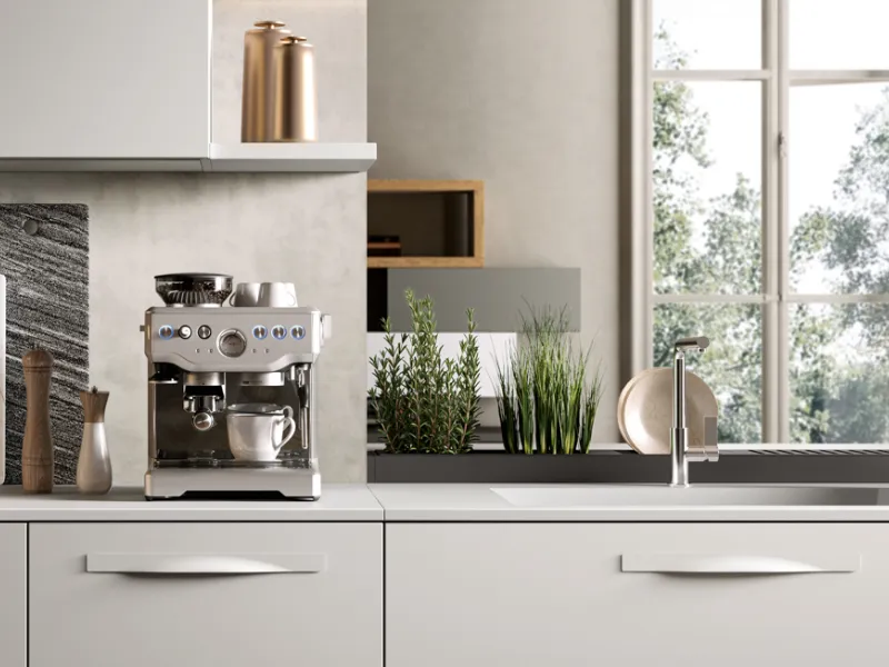 Moon 2, Cucina ad angolo con piano snack di Moretti Compact Cucine