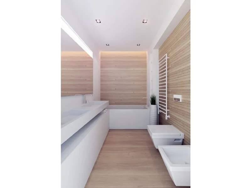 Bagno moderno rettangolare con vasca compatta