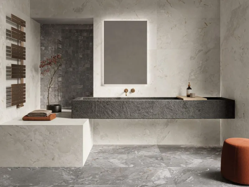 Gres porcellanato Karnis Charcoal effetto pietra e mosaico di Cerdomus