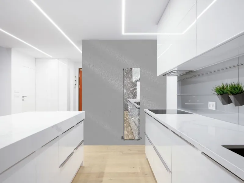 Plate Lux di Deltacalor con corpo radiante in acciaio e finitura argento fiorettata in cucina