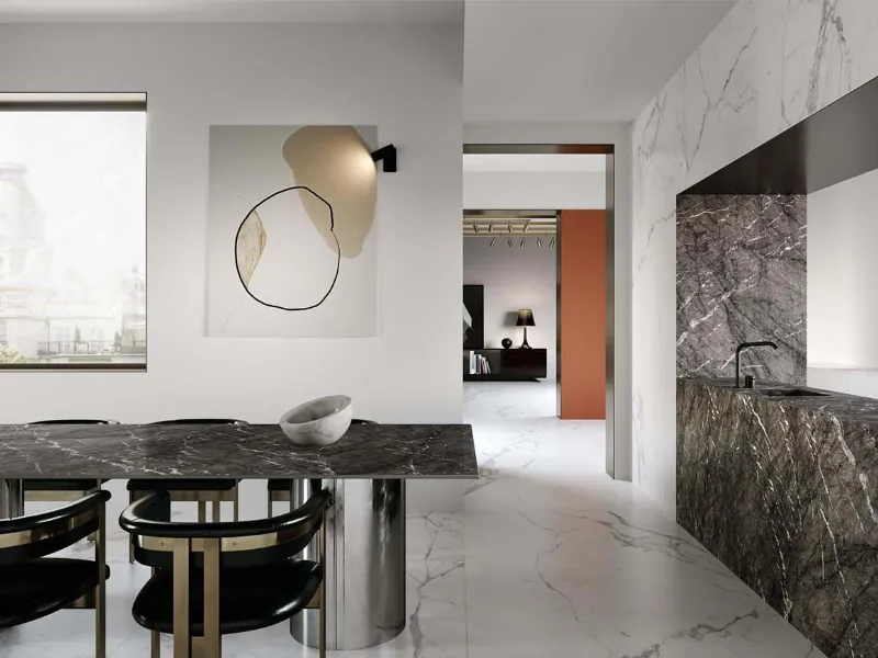 È di Marazzi la linea di maxi lastre effetto marmo The Top, formato 160x320 cm