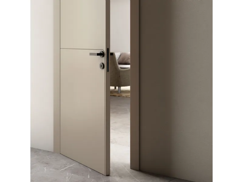 Porta in legno incisa Pivato, serie Orbita in laccato opaco Cashmere con dettagli tecnici e maniglia nero opaco