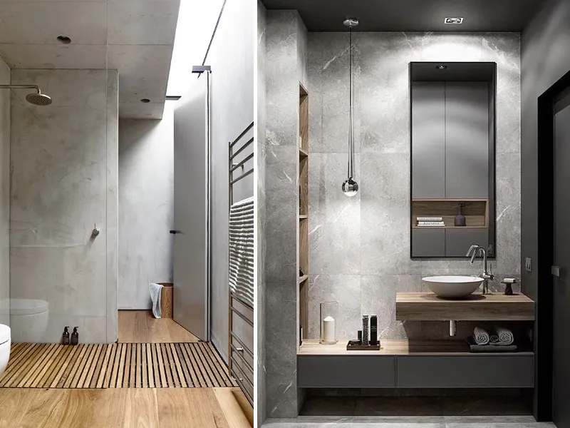 Parquet e nicchie in legno arredano con stile il bagno grigio