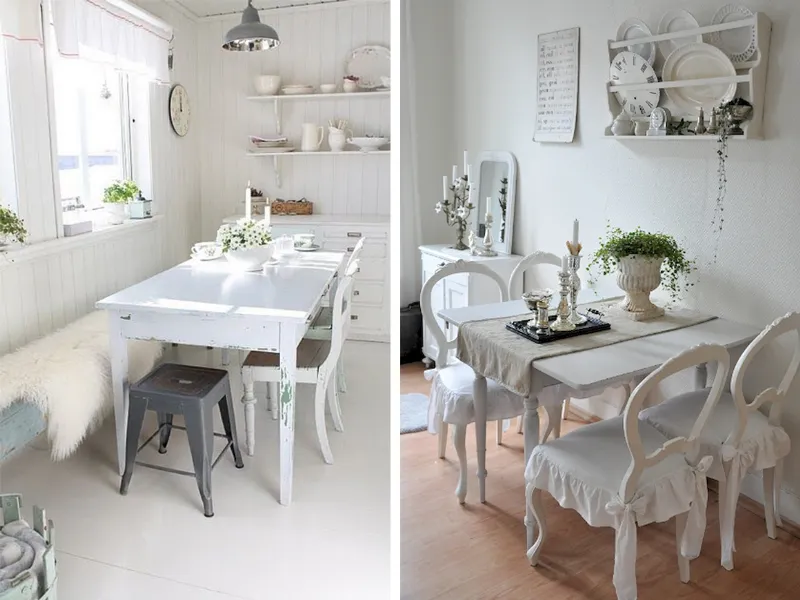 Una casa in stile shabby da completare con un tavolo in legno e sedie abbinate