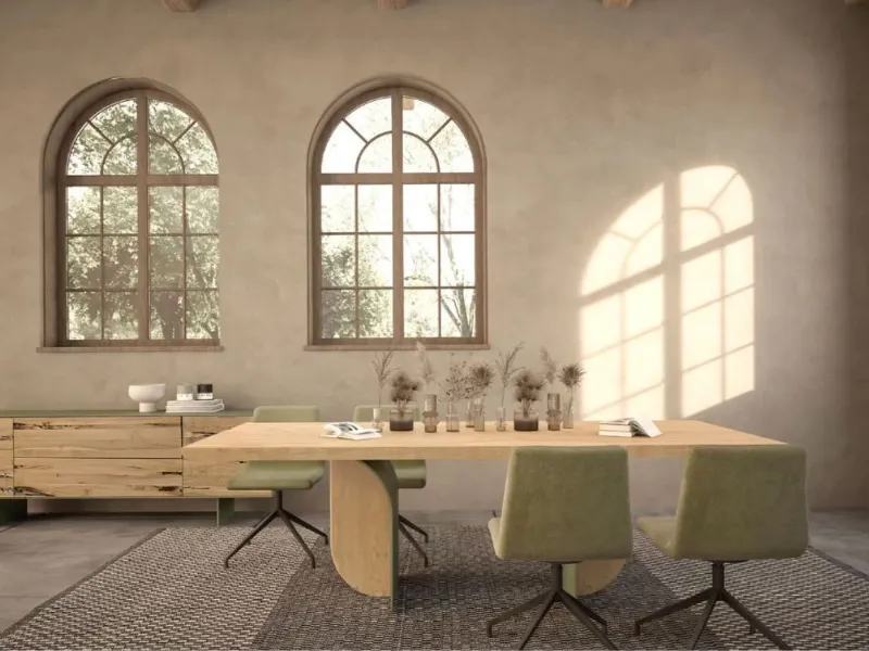 Tavolo rettangolare modello Forma di Riva 1920, con piano in massello e gambe in ferro e legno