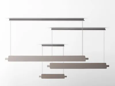 Lampadari essenziali composti da barre in legno sorrette da cavi d'acciaio.
