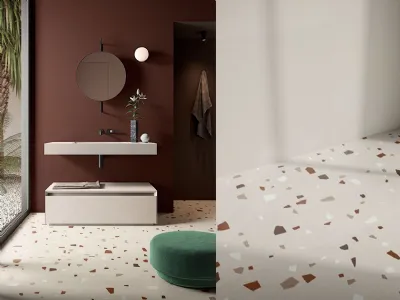 Nuance è il gres effetto cemento con frammenti policromi che rievoca l'eleganza del terrazzo alla veneziana