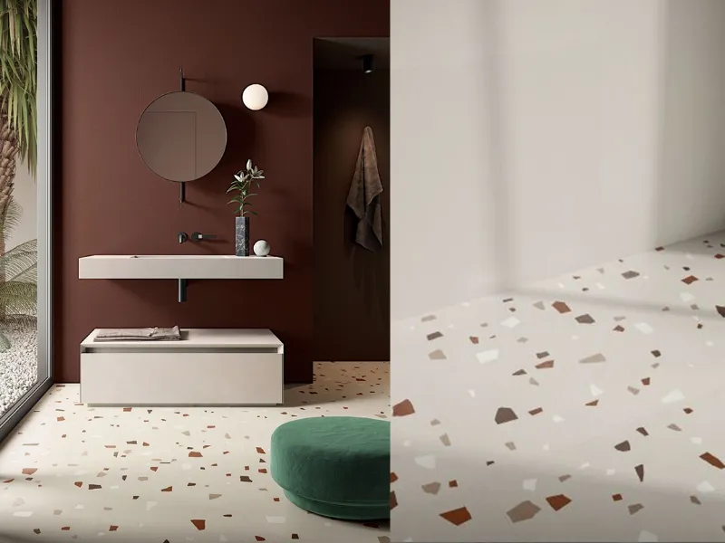 Nuance è il gres effetto cemento con frammenti policromi che rievoca l'eleganza del terrazzo alla veneziana