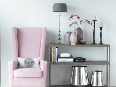 Poltrona rosa e credenza grigia